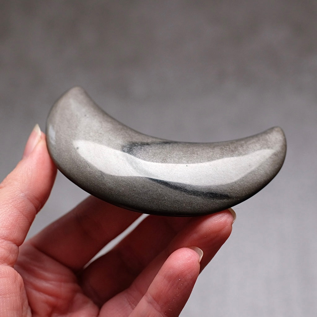 Silver Sheen Obsidian Moon | Obsidian Carved Crystal Moon