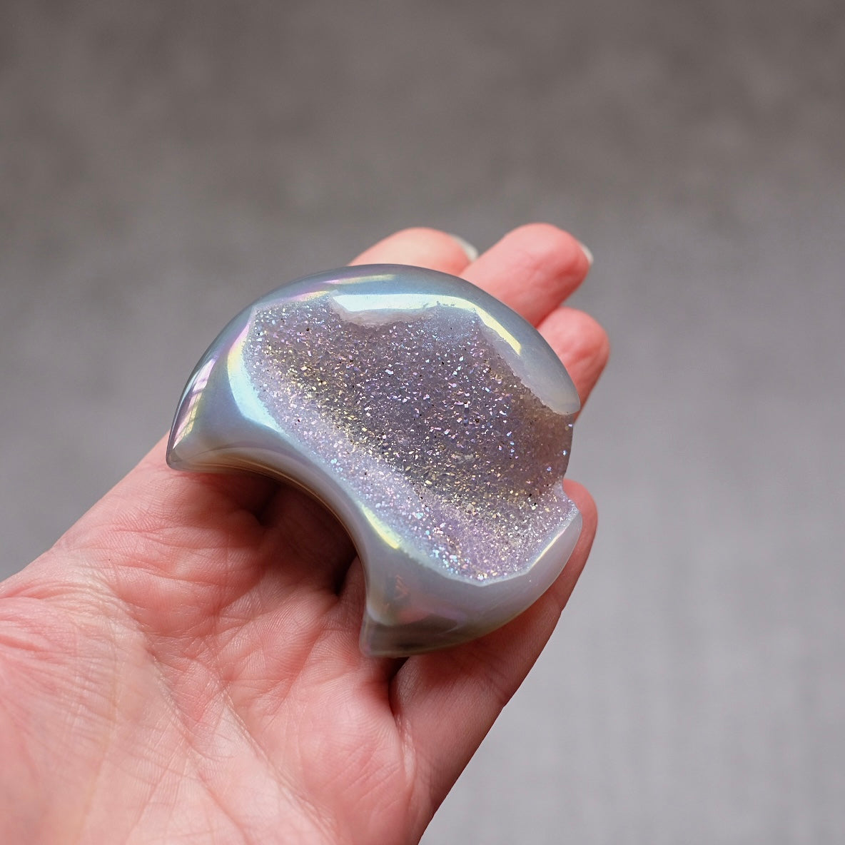 Aura Agate Druzy Moon | Carved Agate Geode Moon