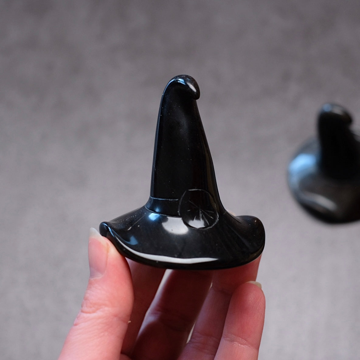 Silver Sheen Obsidian Witch Hat Crystal Carving | Halloween Crystal