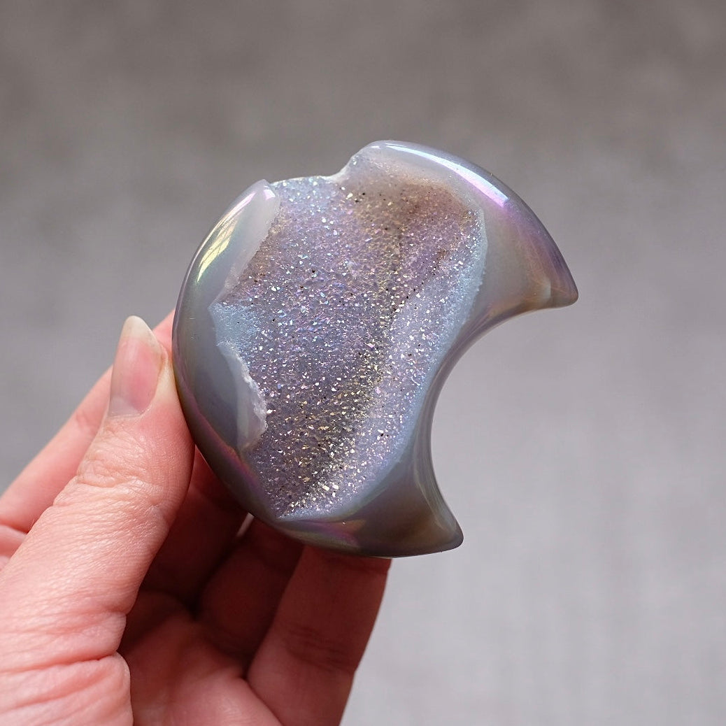 Aura Agate Druzy Moon | Carved Agate Geode Moon
