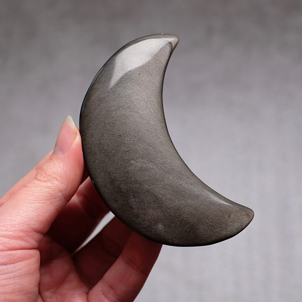 Silver Sheen Obsidian Moon | Obsidian Carved Crystal Moon