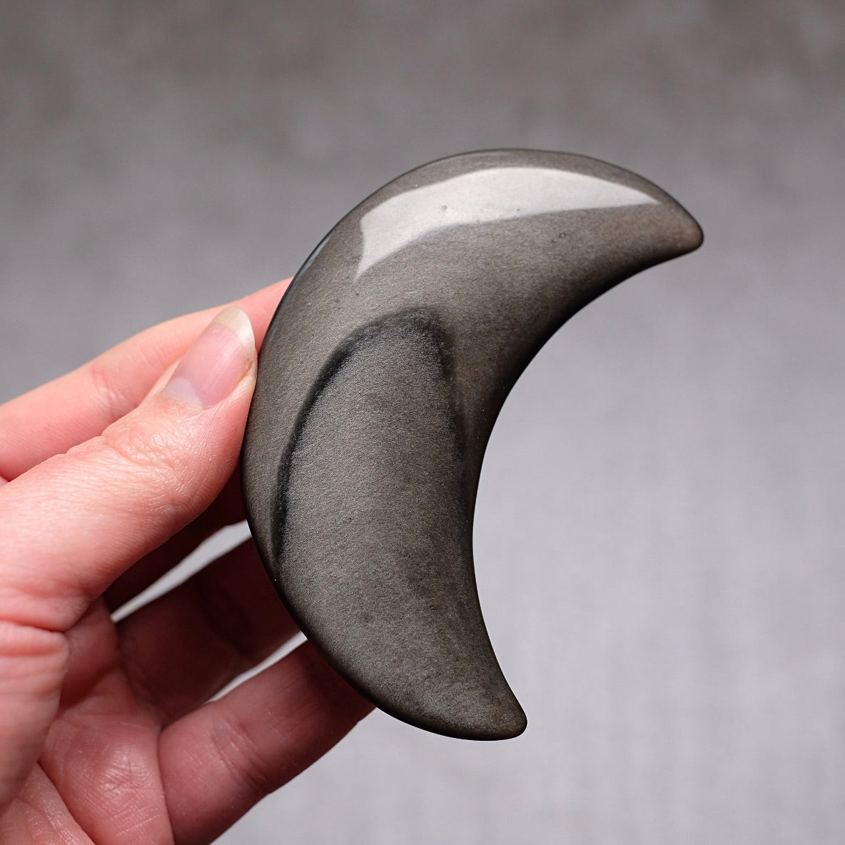 Silver Sheen Obsidian Moon | Obsidian Carved Crystal Moon