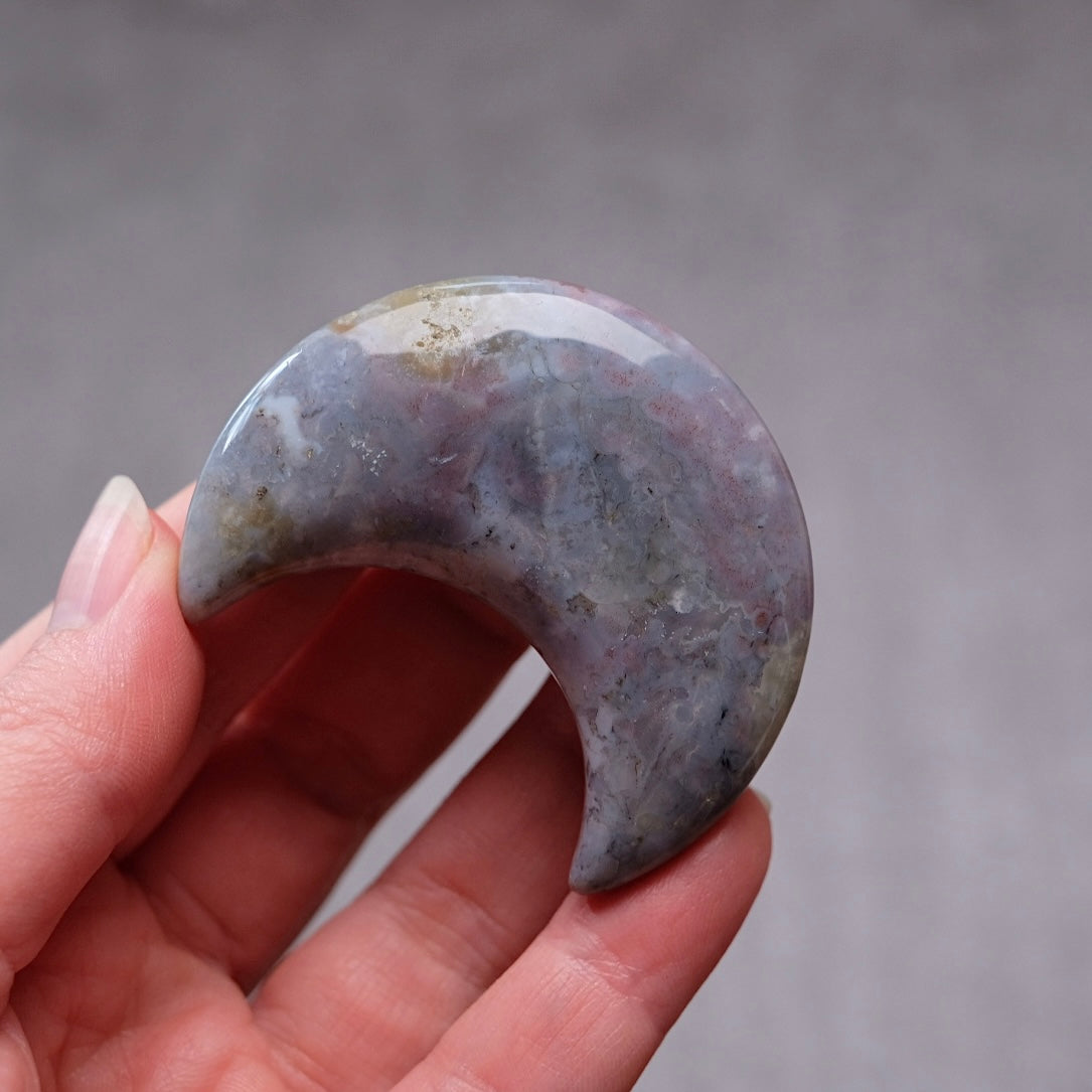Purple Moss Agate Moon | Moss Agate Carved Crystal Moon