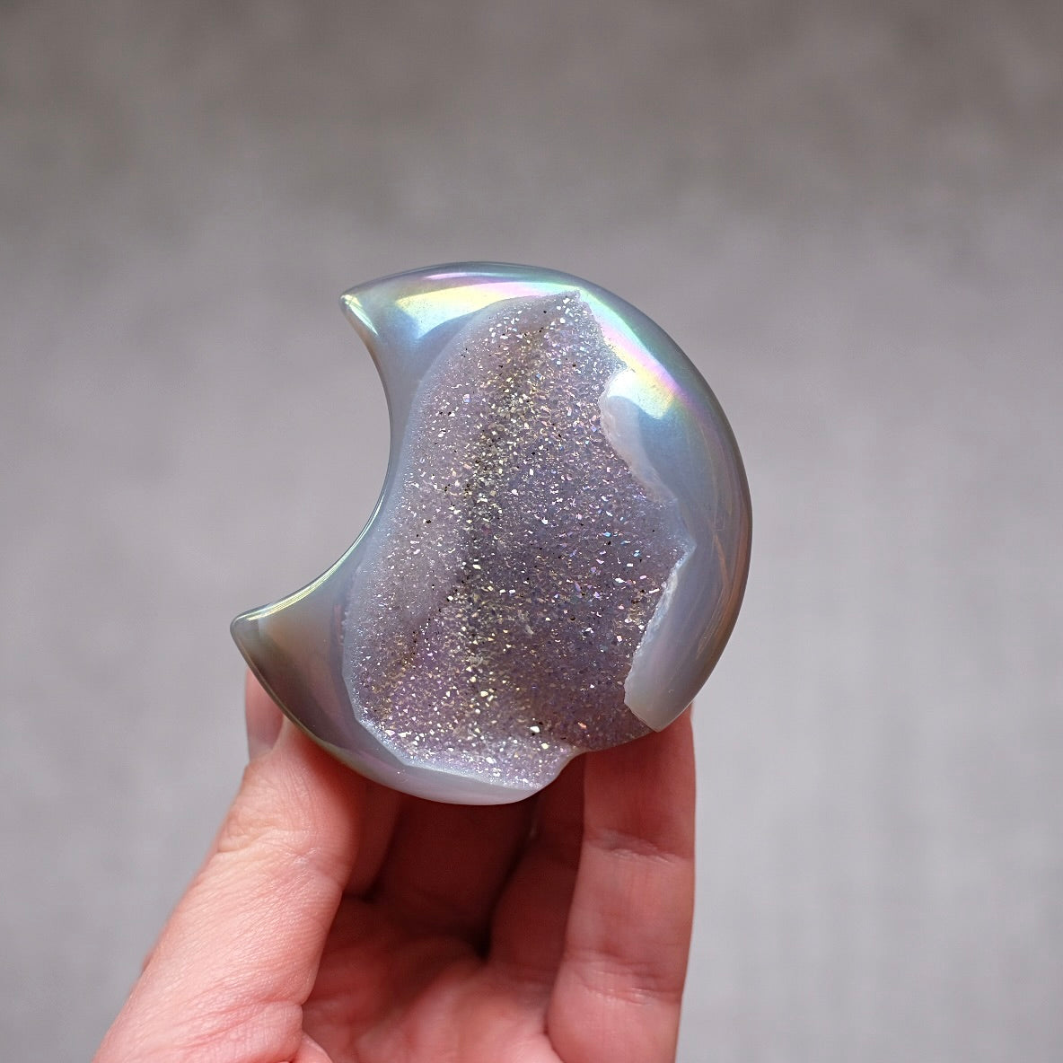 Aura Agate Druzy Moon | Carved Agate Geode Moon