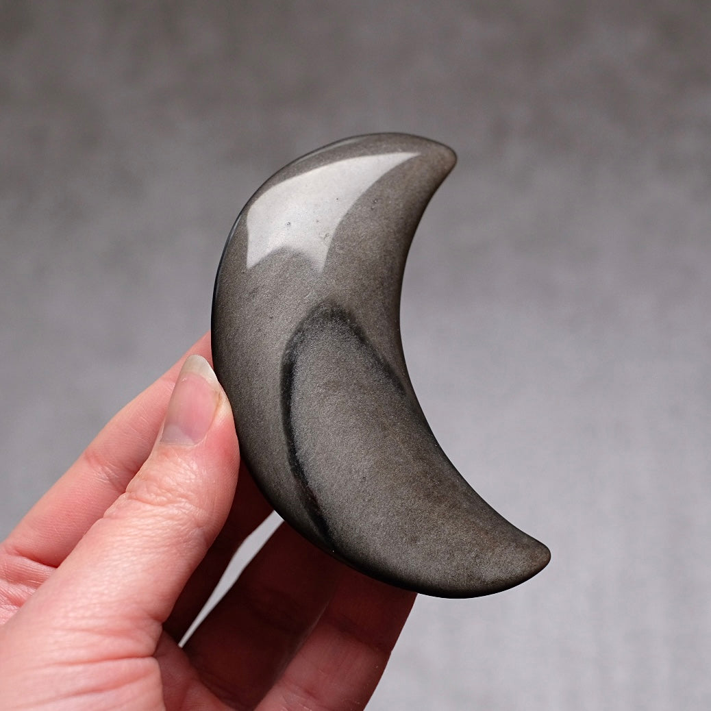 Silver Sheen Obsidian Moon | Obsidian Carved Crystal Moon