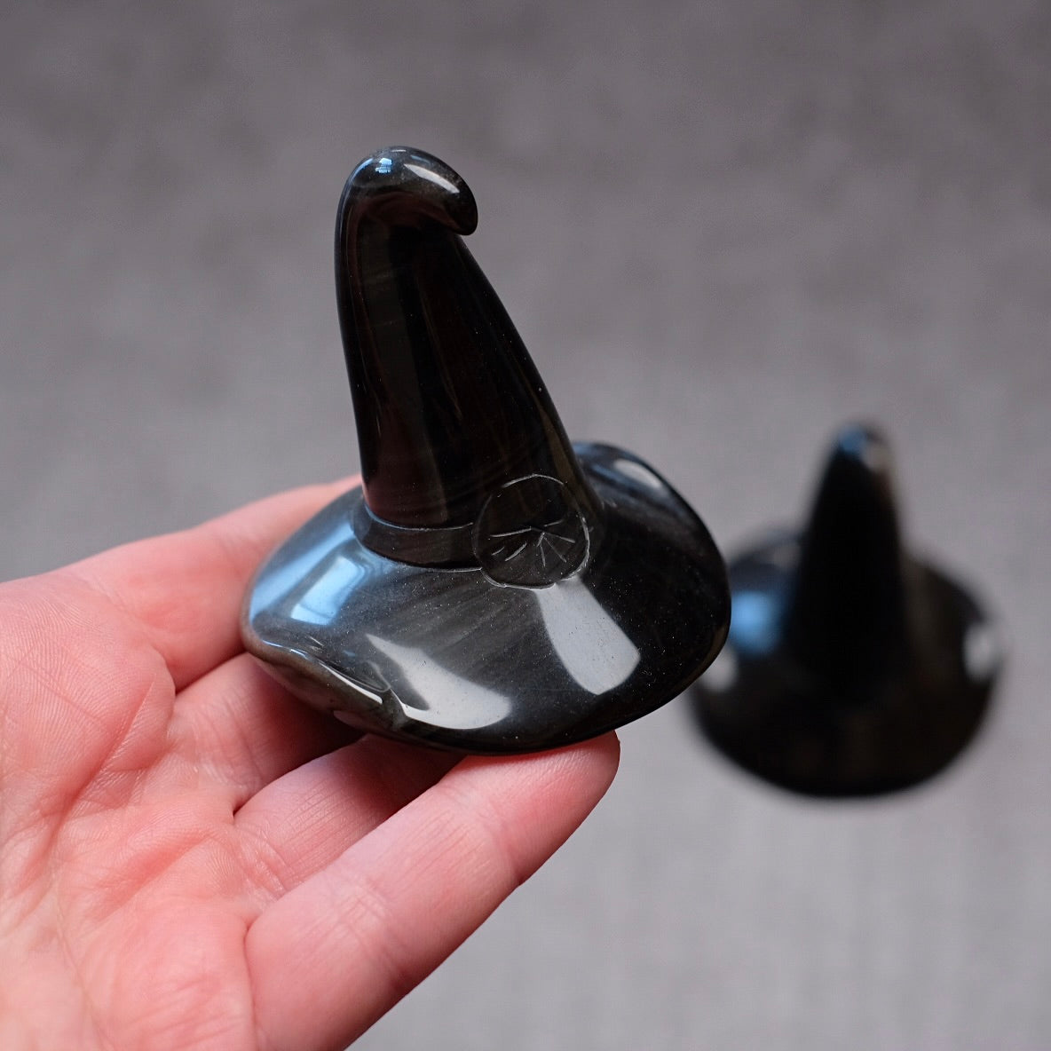 Silver Sheen Obsidian Witch Hat Crystal Carving | Halloween Crystal