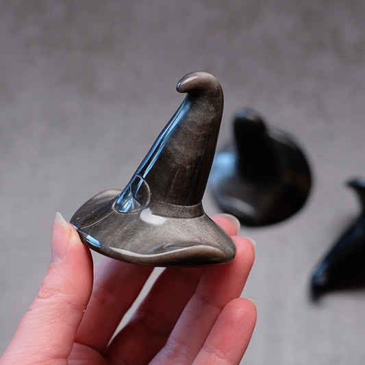Silver Sheen Obsidian Witch Hat Crystal Carving | Halloween Crystal