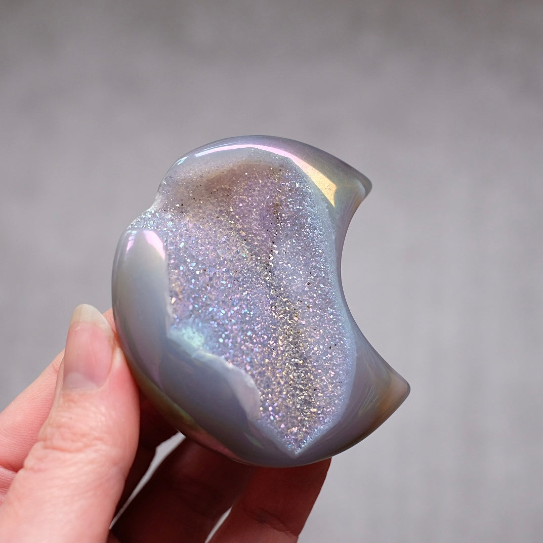Aura Agate Druzy Moon | Carved Agate Geode Moon