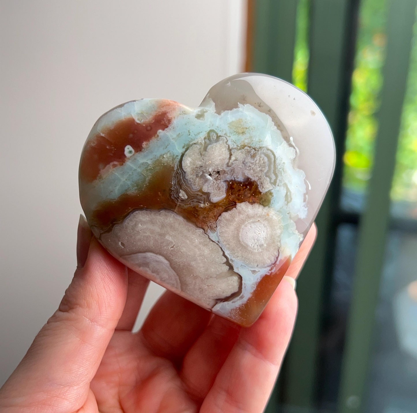 Rare Blue Flower Agate Heart | Green Flower Agate Crystal Heart