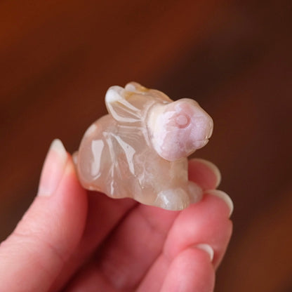 Pink Flower Agate Rabbit Carving | Crystal Bunny Carving