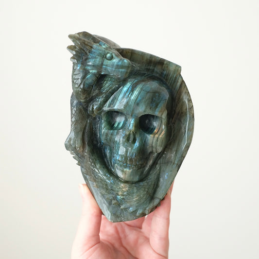 Labradorite Crystal Skull | Dragon Carving with Skull