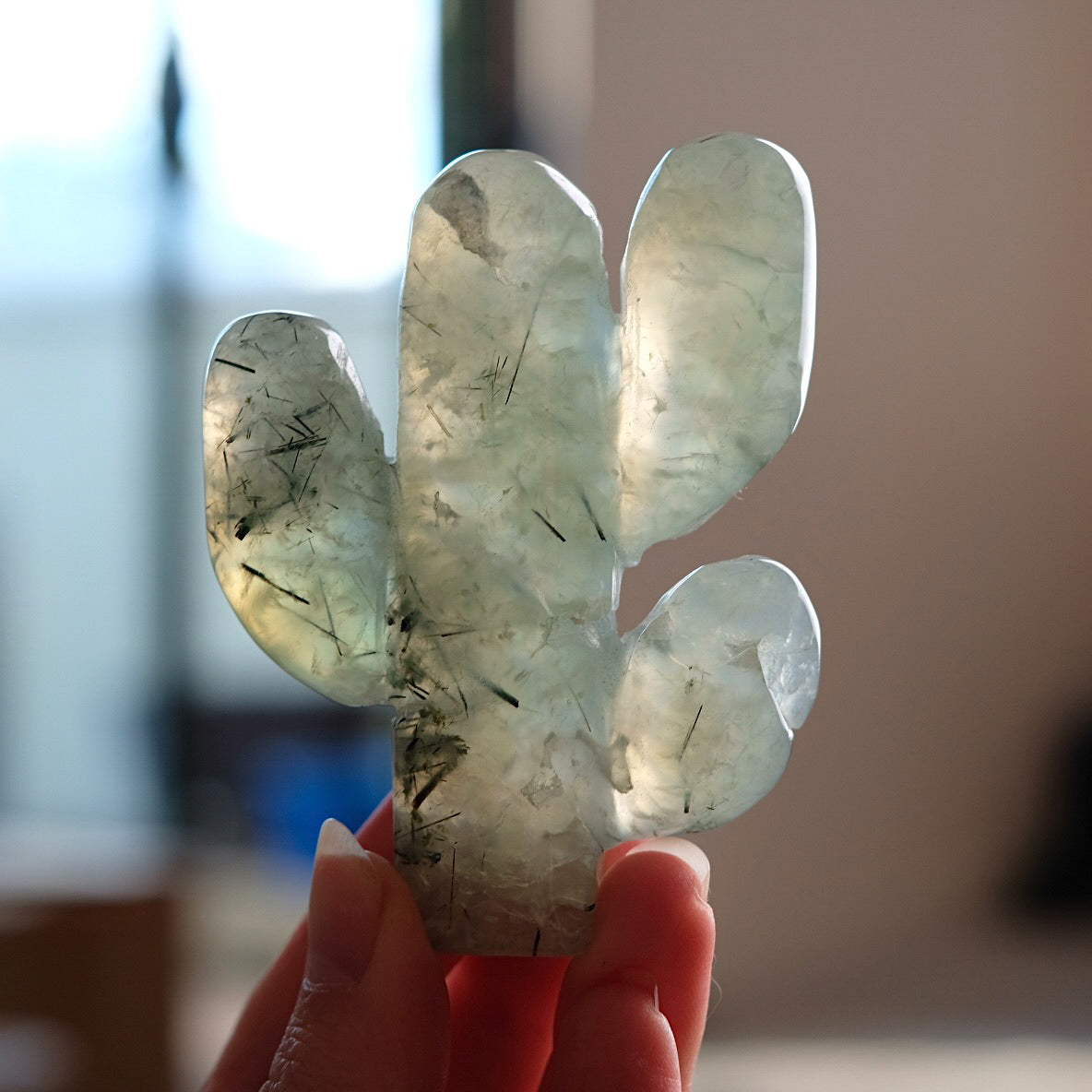 Prehnite Cactus Carving | Epidote in Prehnite Crystal Plant