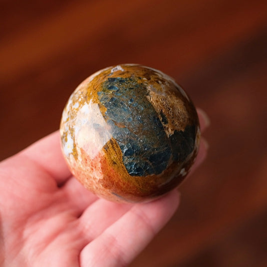 Blue Apatite in Orange Calcite Sphere | Apatite Jasper Crystal Sphere