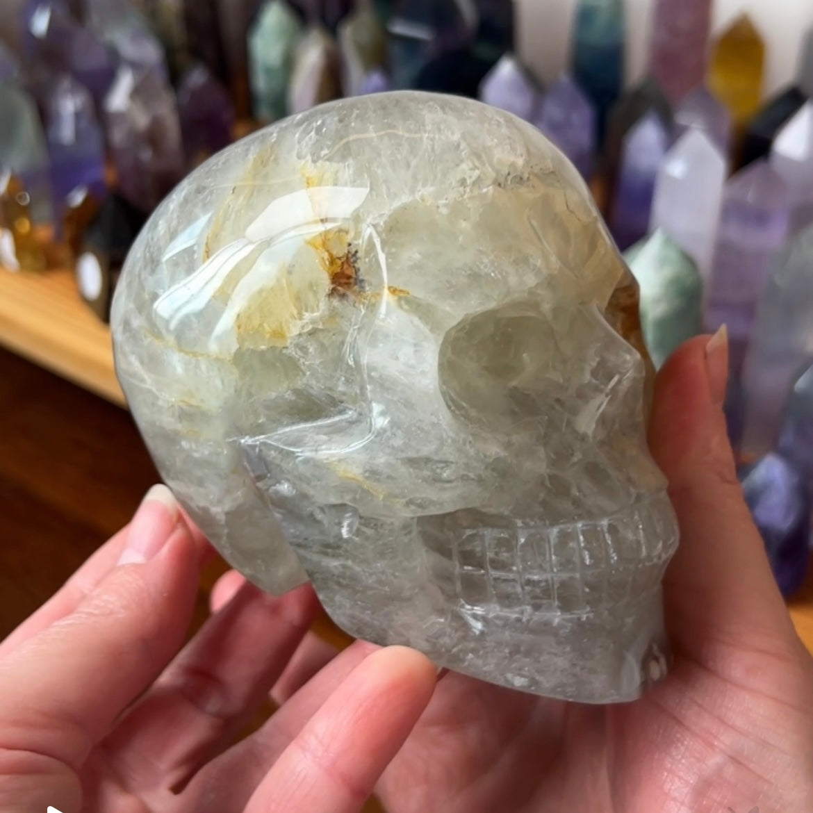 Green Quartz & Flower Agate Crystal Skull | Stone Skull Carving