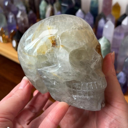 Green Quartz & Flower Agate Crystal Skull | Stone Skull Carving