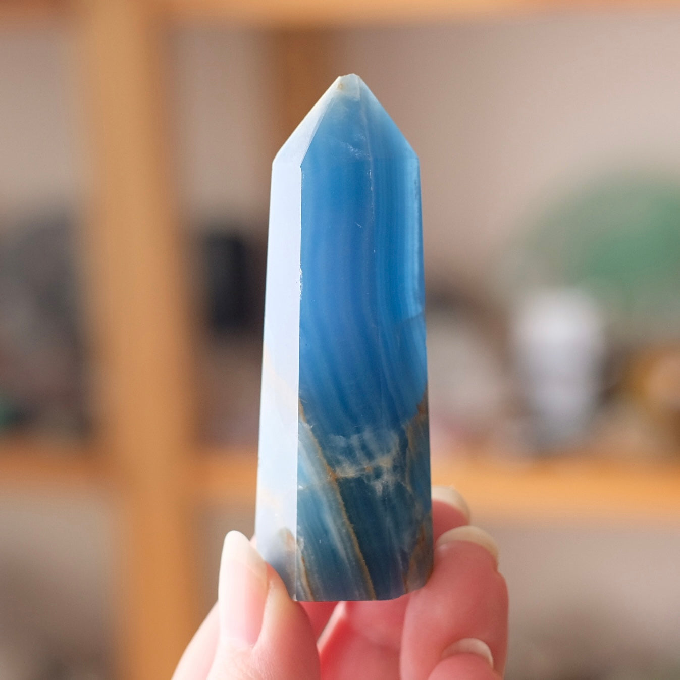 Lemurian Aquatine Calcite Point | Blue Onyx Crystal Tower