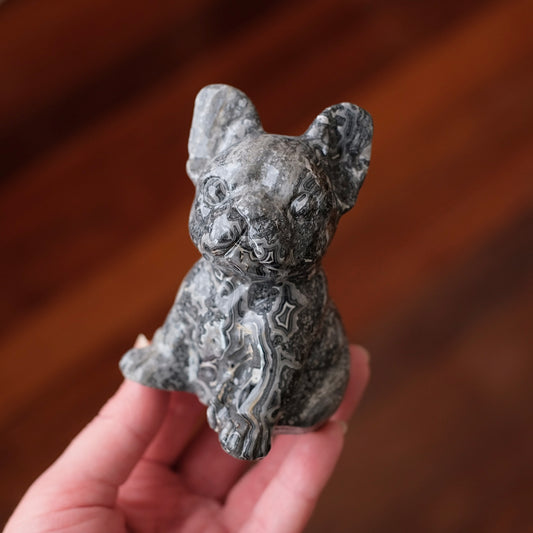 Lace Agate Dog Carving | Crystal French Bulldog