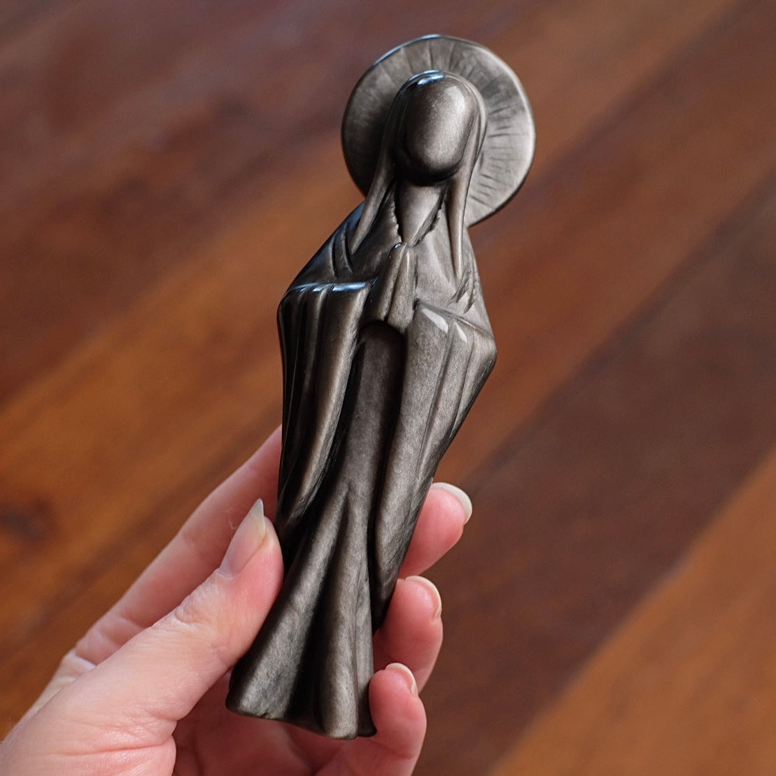 Silver Sheen Obsidian Priestess Carving | Virgin Mary Crystal Figurine