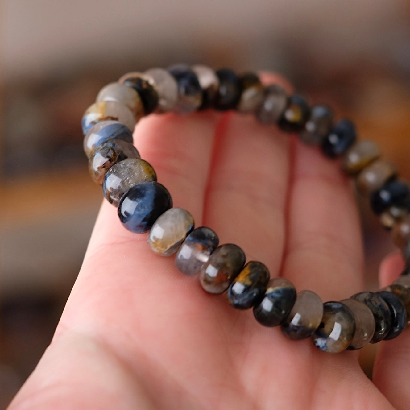 Blue Pietersite in Quartz Bracelet | Rondelle Crystal Stretch Bracelet