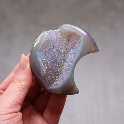 Aura Agate Druzy Moon | Carved Agate Geode Moon