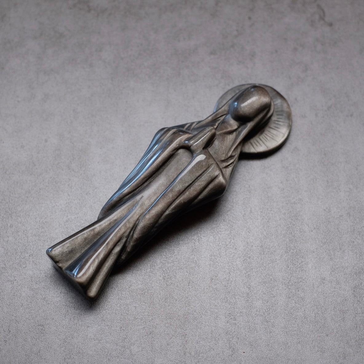 Silver Sheen Obsidian Priestess Carving | Virgin Mary Crystal Figurine