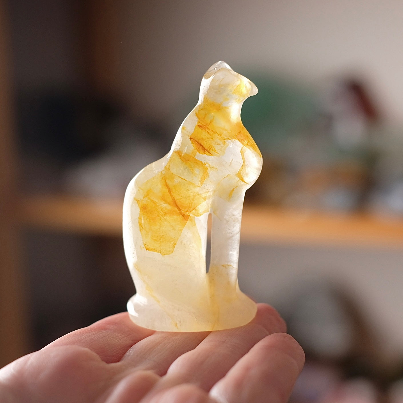 Golden Healer Quartz Cat Carving | Egyptian Crystal Cat Figure