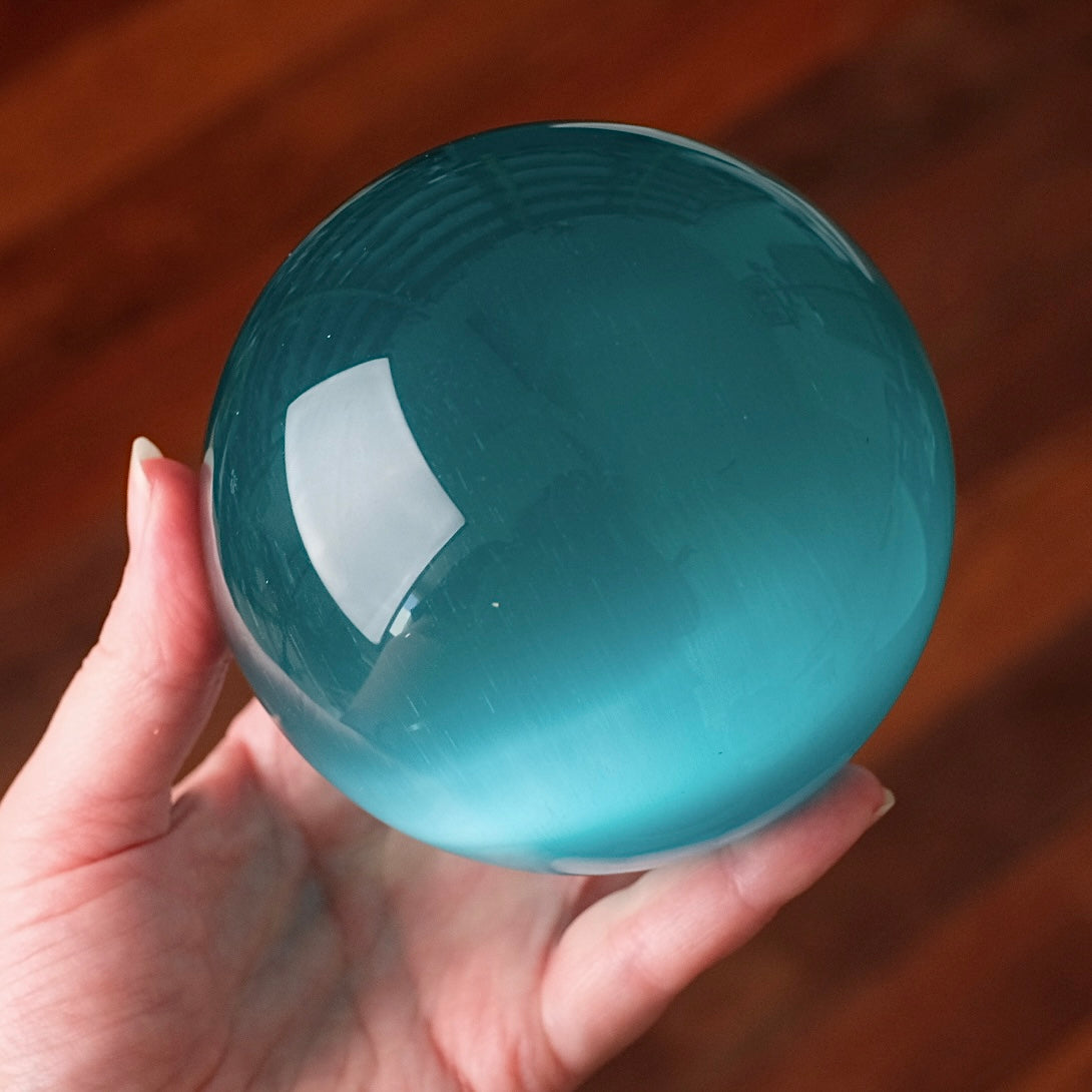 XL Cats Eye Sphere | Aqua Cats Eye Glass Crystal Sphere