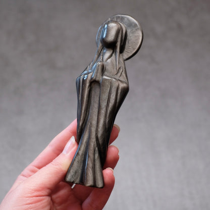 Silver Sheen Obsidian Priestess Carving | Virgin Mary Crystal Figurine