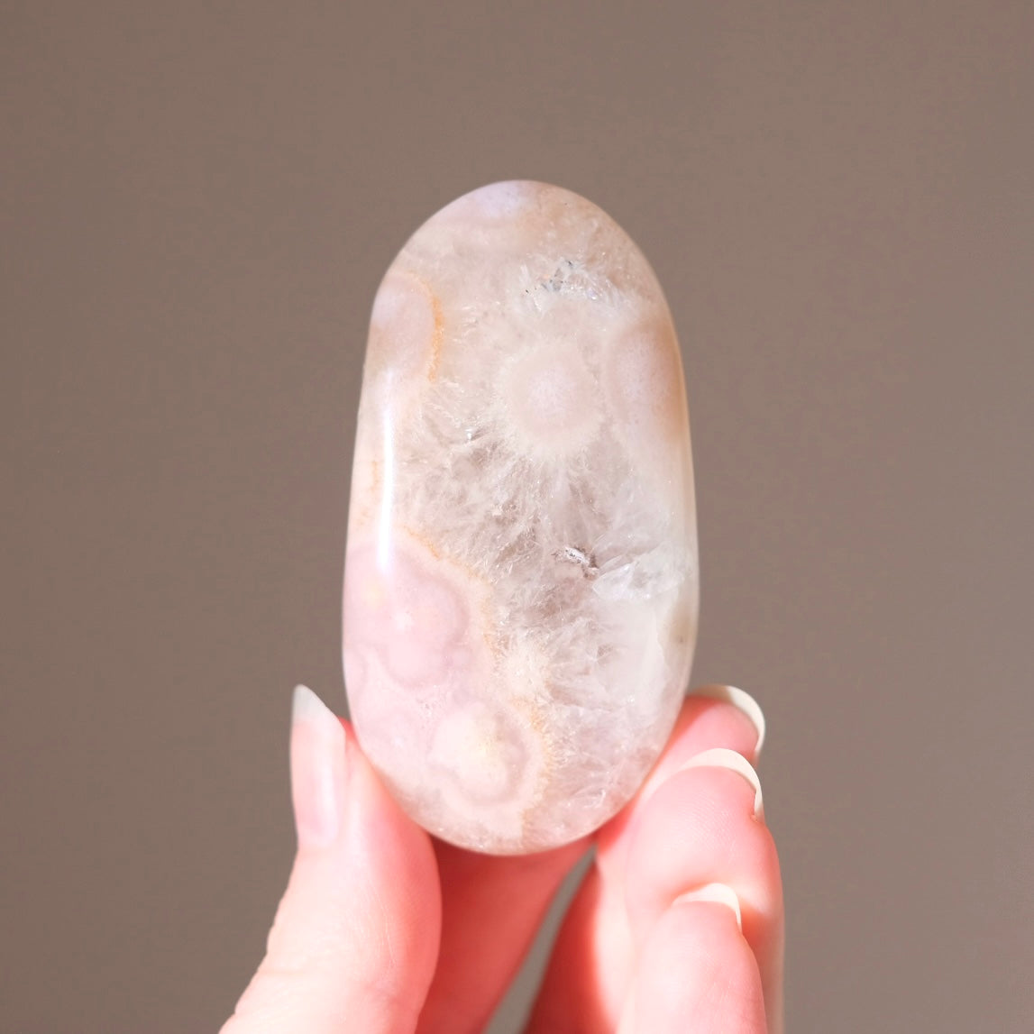 Pink Flower Agate + Quartz Palm | Crystal Palm Stone