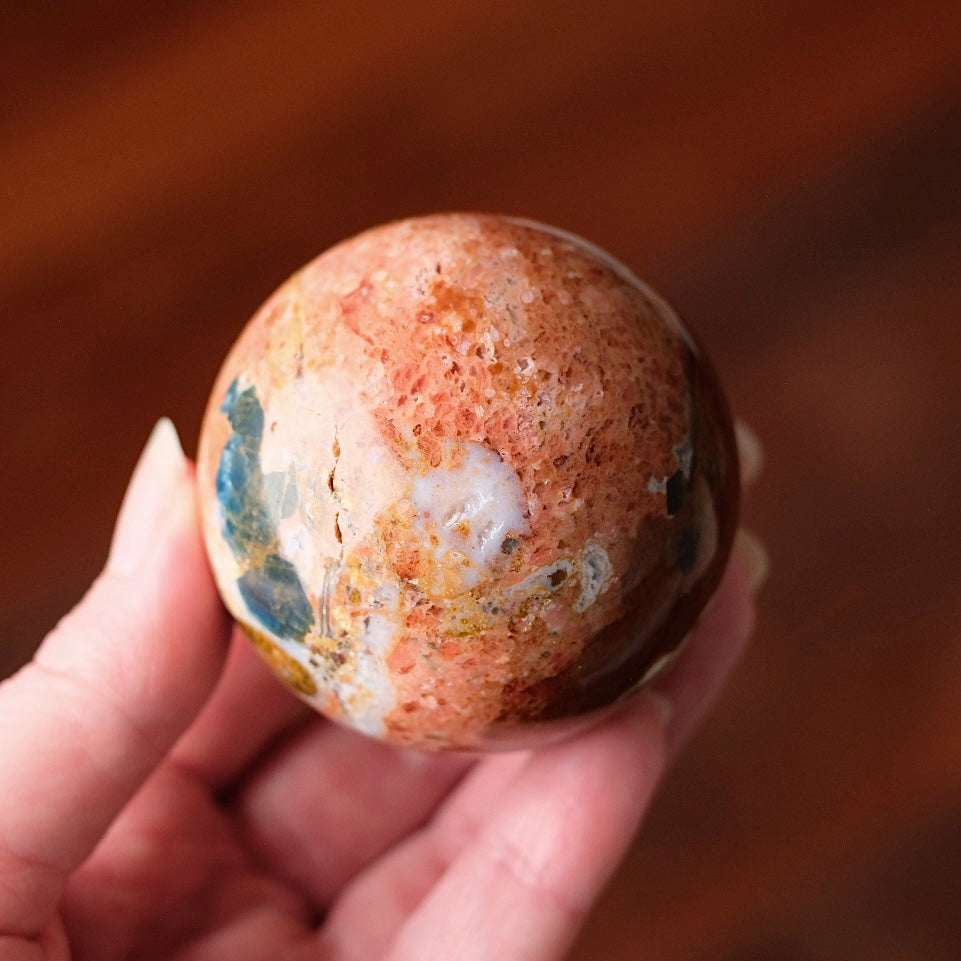 Blue Apatite in Orange Calcite Sphere | Apatite Jasper Crystal Sphere