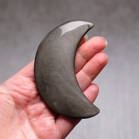 Silver Sheen Obsidian Moon | Obsidian Carved Crystal Moon