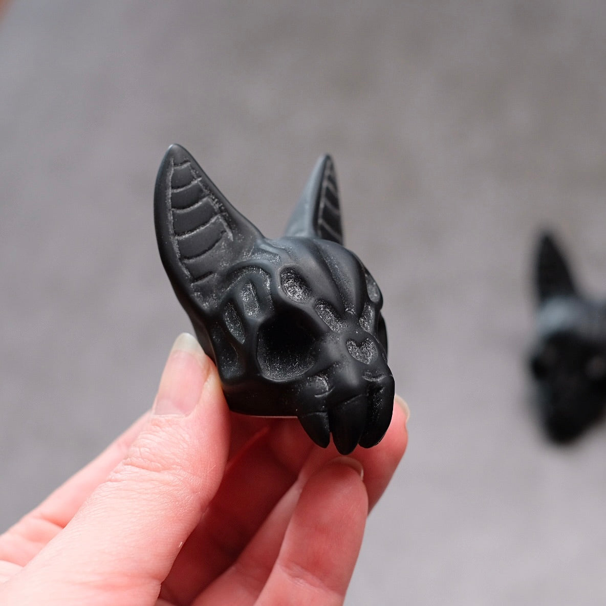 Black Obsidian Bat Skull Carving | Gothic Halloween Crystal