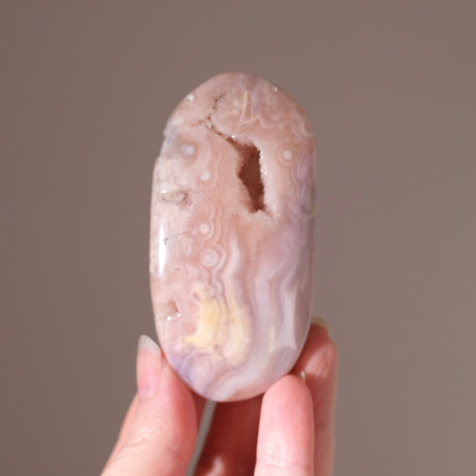 Pink Amethyst + Flower Agate Palm | Pink Amethyst Crystal Palm Stone