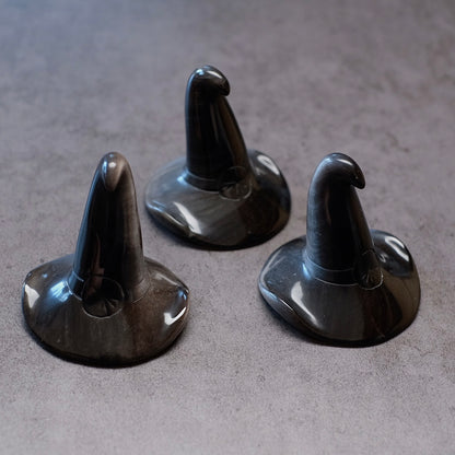 Silver Sheen Obsidian Witch Hat Crystal Carving | Halloween Crystal