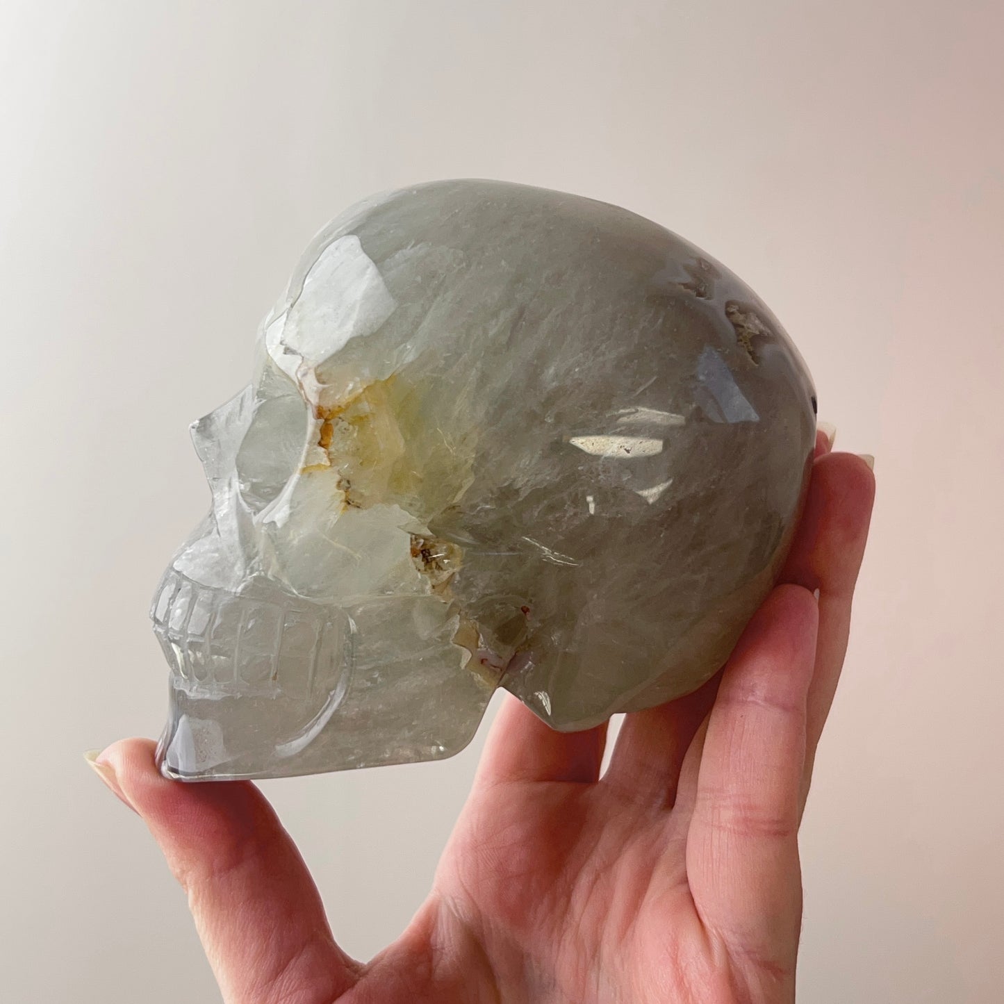 Green Quartz & Flower Agate Crystal Skull | Stone Skull Carving