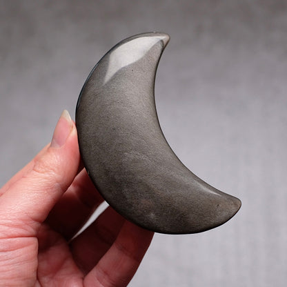 Silver Sheen Obsidian Moon | Obsidian Carved Crystal Moon