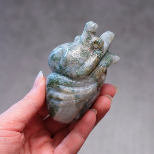 Moss Agate Anatomical Heart Carving | Human Crystal Heart