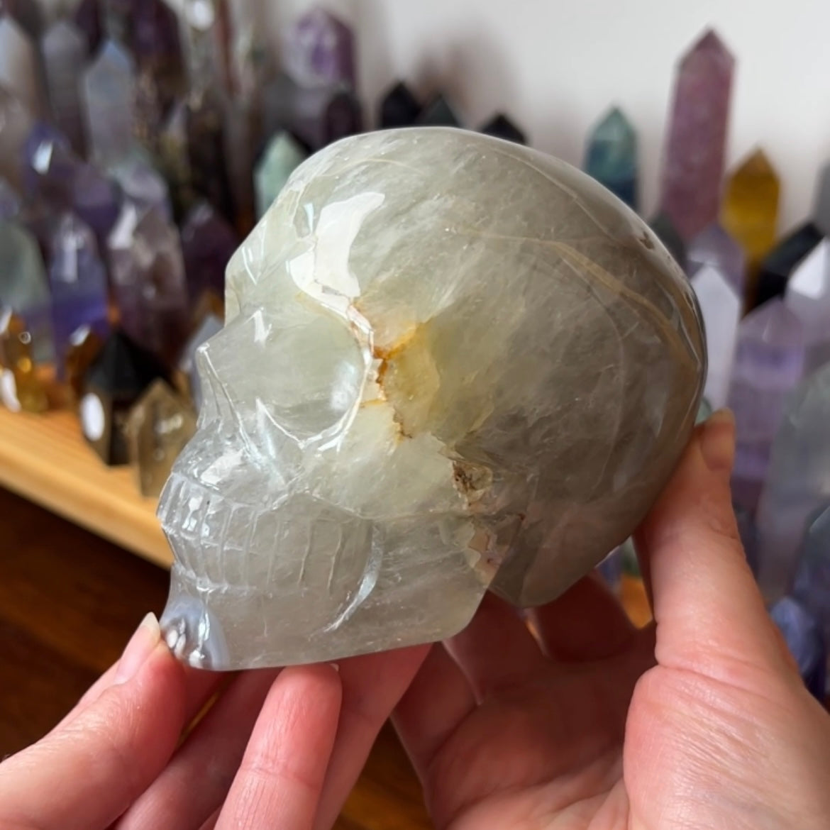 Green Quartz & Flower Agate Crystal Skull | Stone Skull Carving