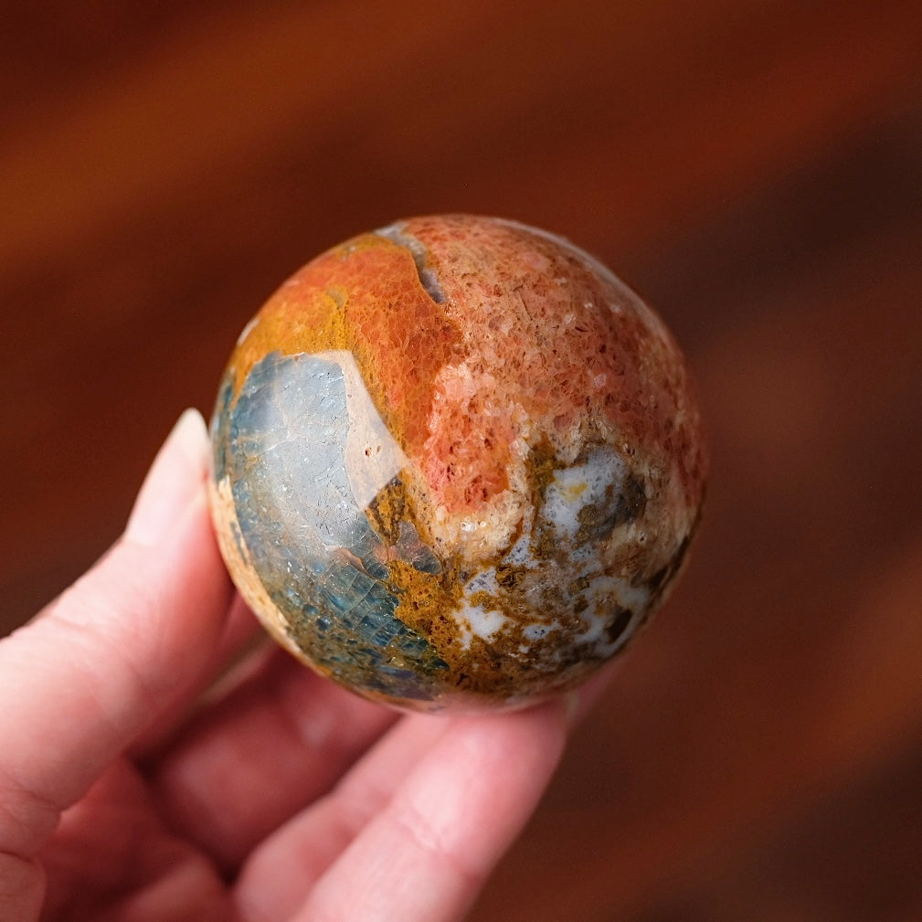 Blue Apatite in Orange Calcite Sphere | Apatite Jasper Crystal Sphere