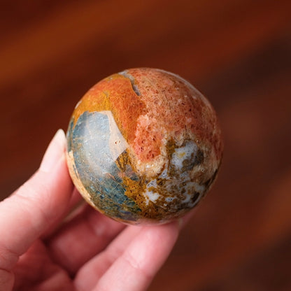 Blue Apatite in Orange Calcite Sphere | Apatite Jasper Crystal Sphere