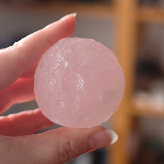 Rose Quartz Crystal Moon | Crystal Sphere Moon Carving