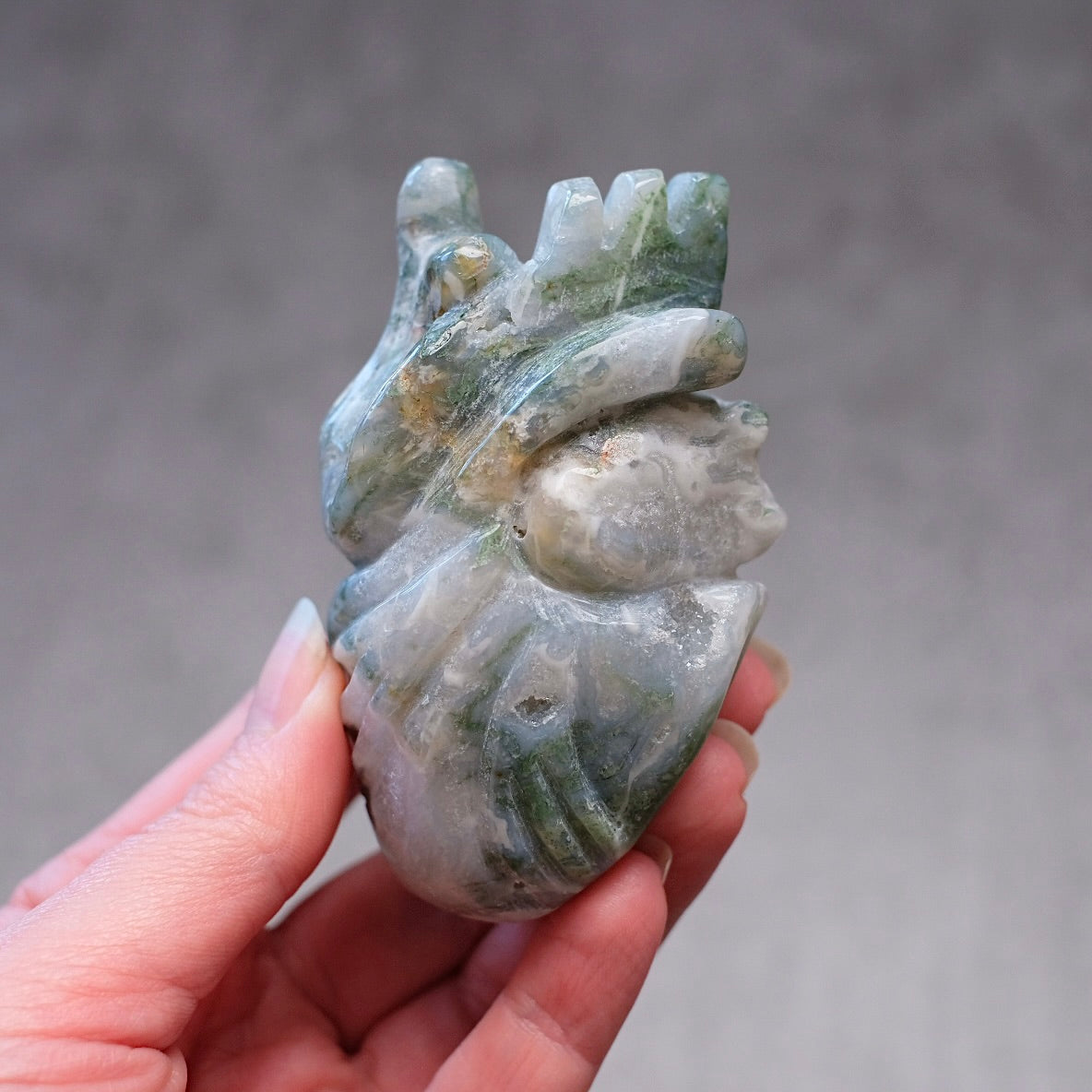 Moss Agate Anatomical Heart Carving | Human Crystal Heart