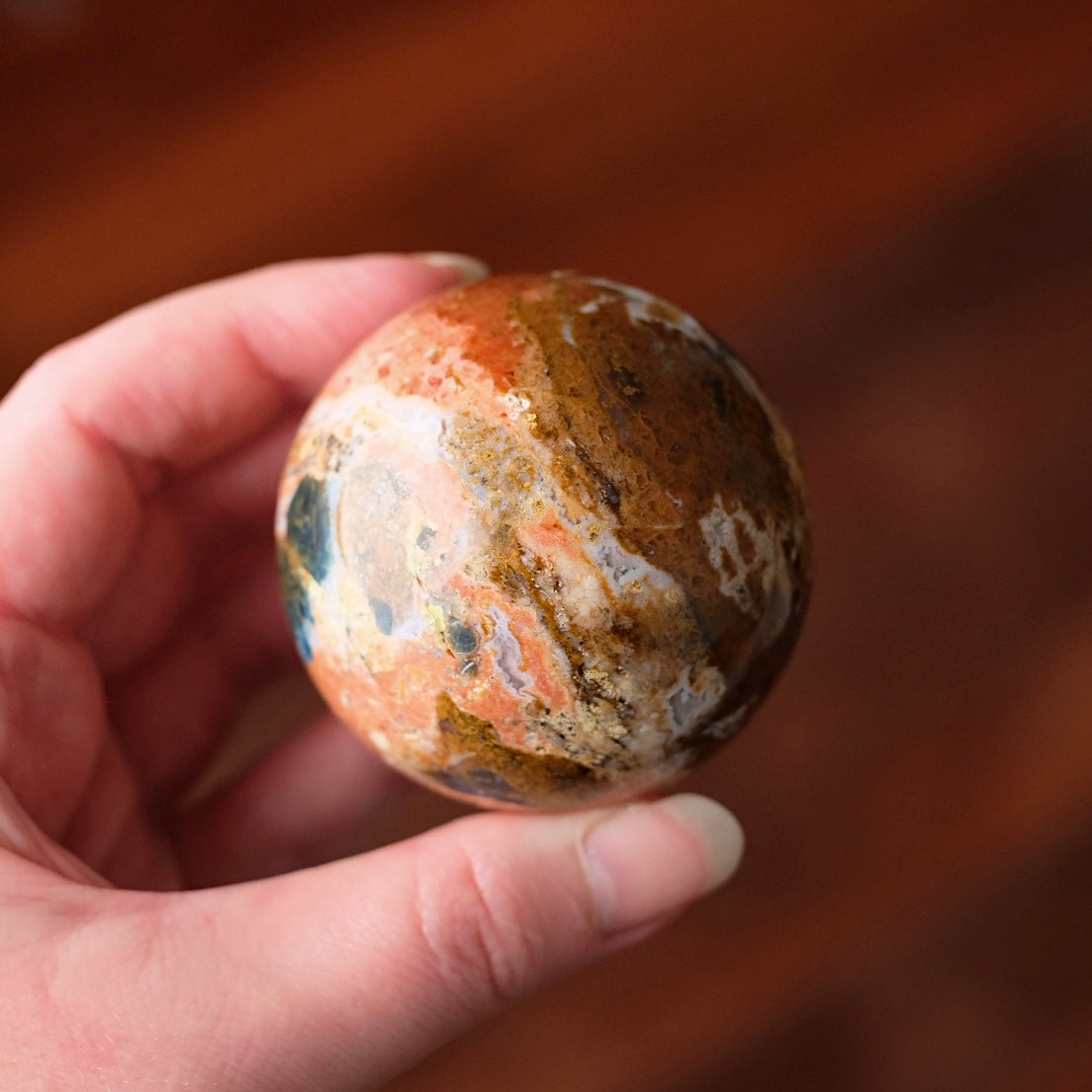 Blue Apatite in Orange Calcite Sphere | Apatite Jasper Crystal Sphere