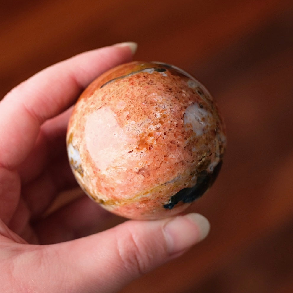 Blue Apatite in Orange Calcite Sphere | Apatite Jasper Crystal Sphere