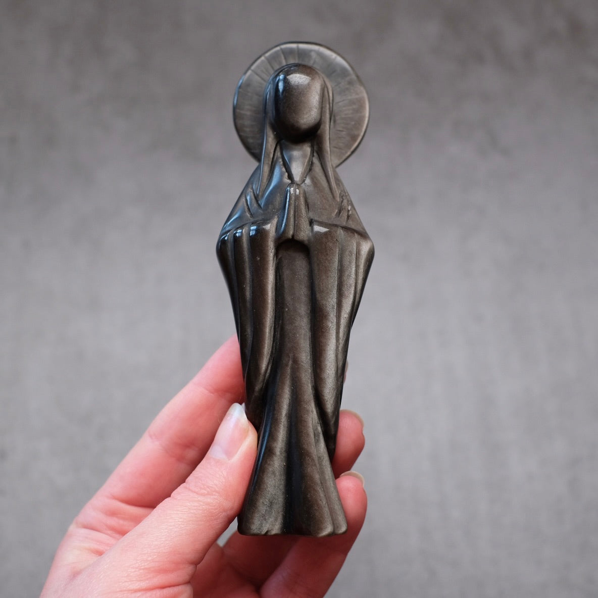 Silver Sheen Obsidian Priestess Carving | Virgin Mary Crystal Figurine