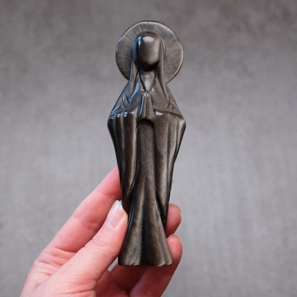 Silver Sheen Obsidian Priestess Carving | Virgin Mary Crystal Figurine
