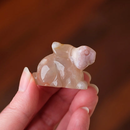Pink Flower Agate Rabbit Carving | Crystal Bunny Carving