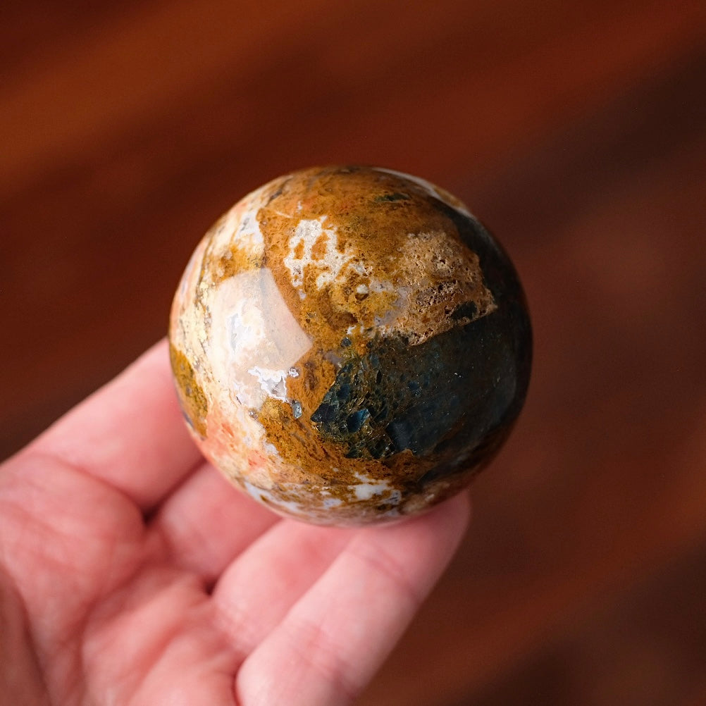 Blue Apatite in Orange Calcite Sphere | Apatite Jasper Crystal Sphere
