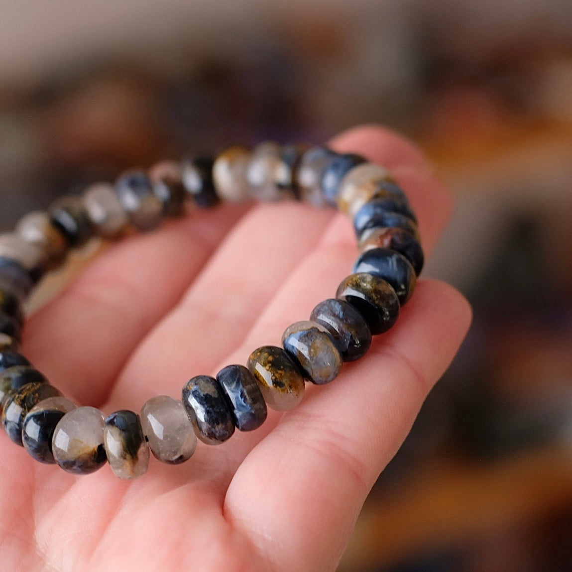 Blue Pietersite in Quartz Bracelet | Rondelle Crystal Stretch Bracelet