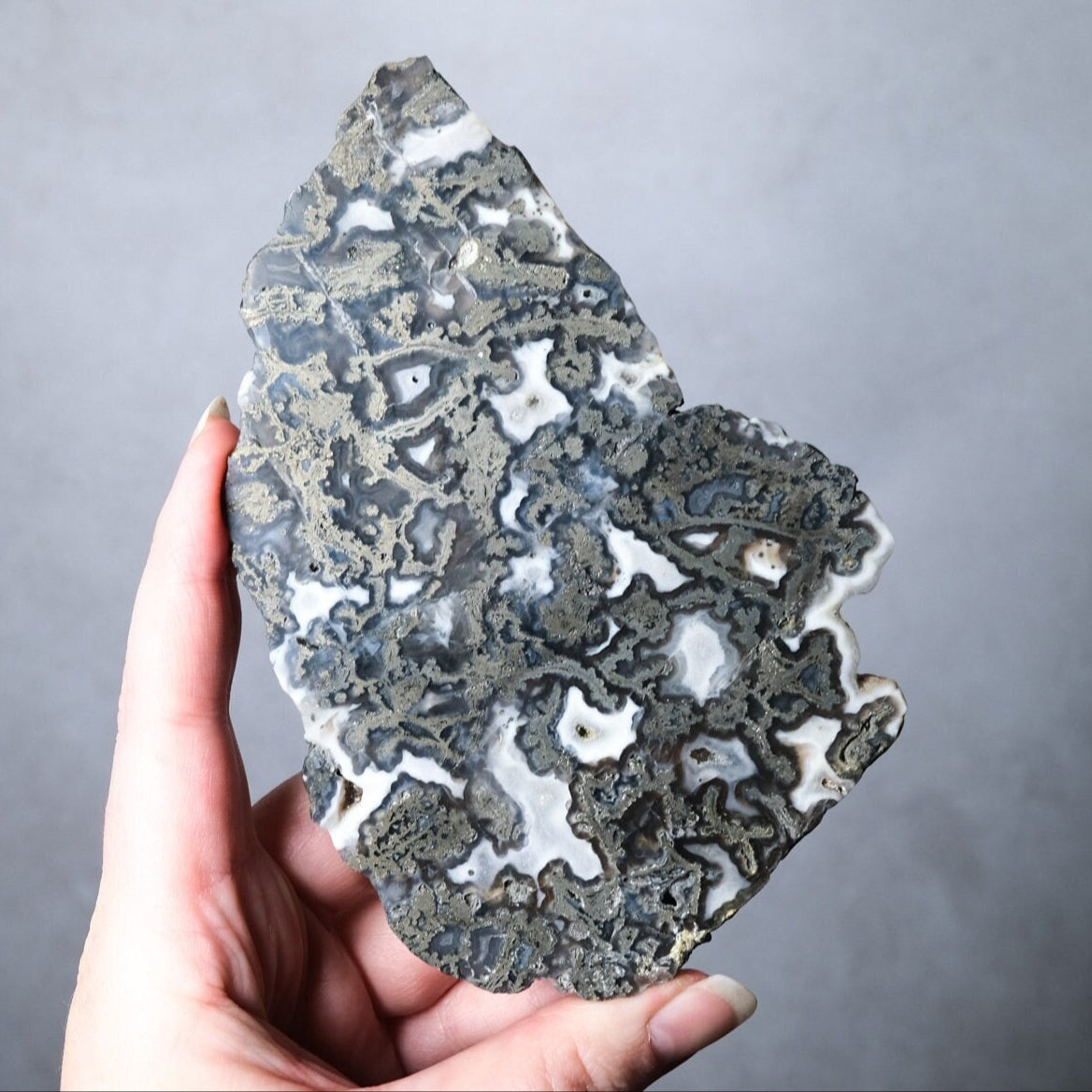 Marcasite (Pyrite) in Agate Crystal Slab